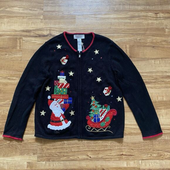 VTG Tiara Int'l M Black Ugly Christmas Sweater Zipper Cardigan Santa Embroidered - Picture 14 of 16